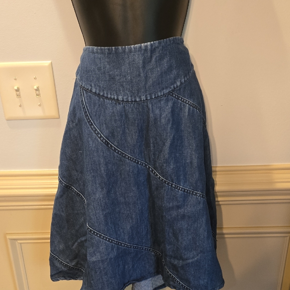 Anthropologie Maeve Seamed A-Line Denim Skirt Women's Size 2 Cotton Linen Blend